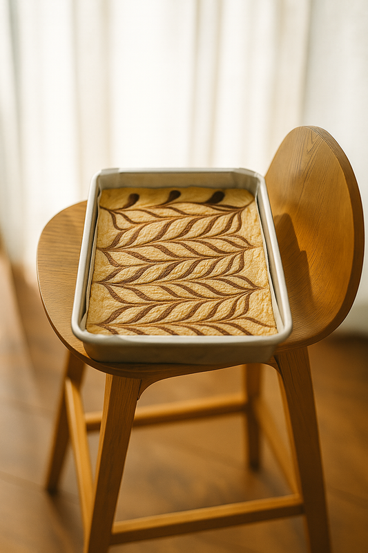 “Tray of Baileys Irish Cream fudge with a decorative cocoa swirl pattern, resting on a wooden chair in soft natural light.