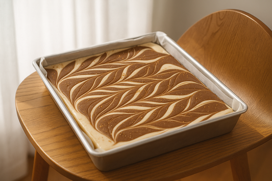 Tray of cappuccino-swirl fudge with a smooth tan and cream feathered pattern, resting on a wooden chair in soft natural light.