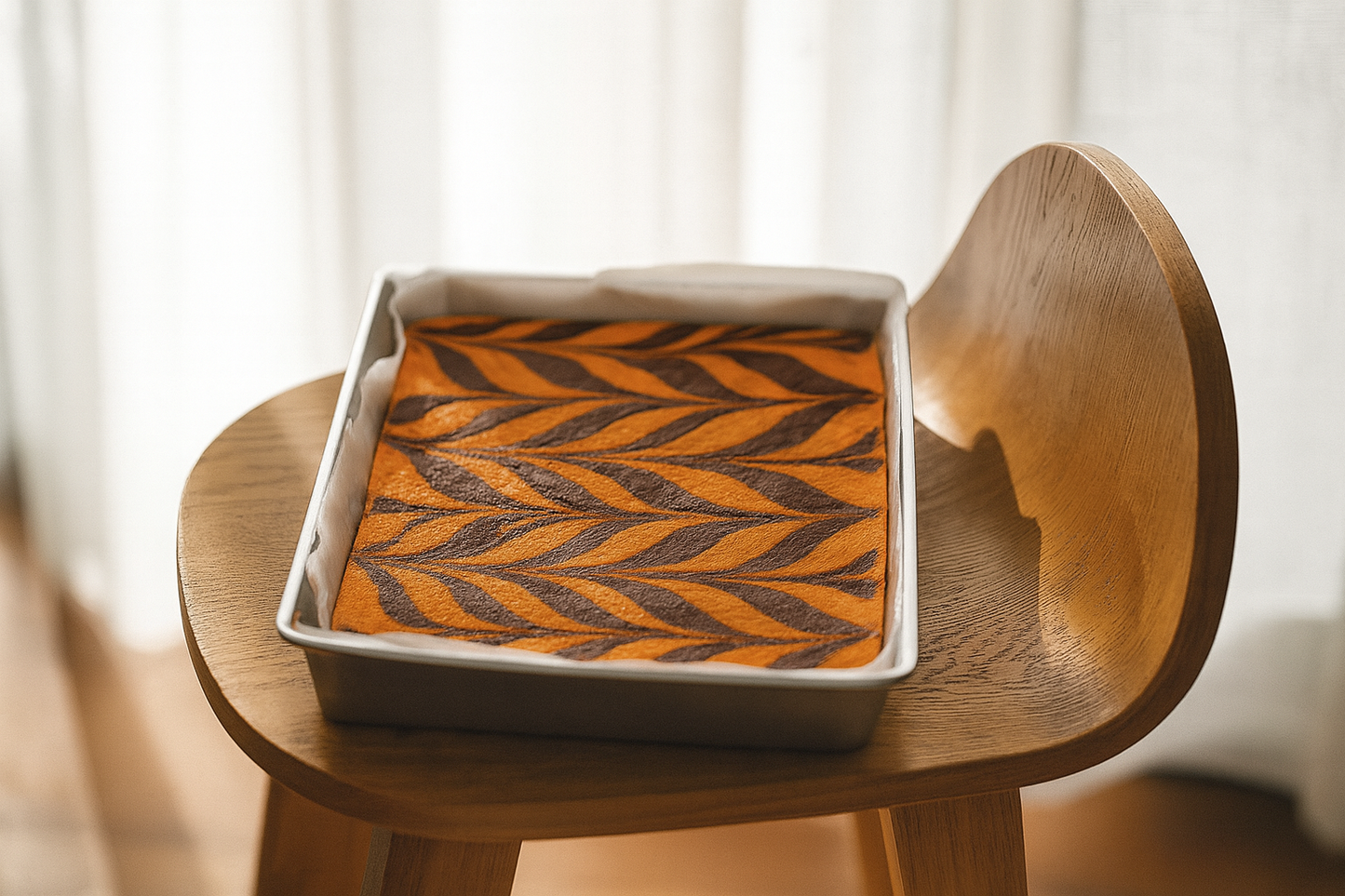 Tray of orange and dark chocolate swirled fudge in a baking pan, featuring a bold leaf-pattern design, resting on a wooden chair in soft natural light.