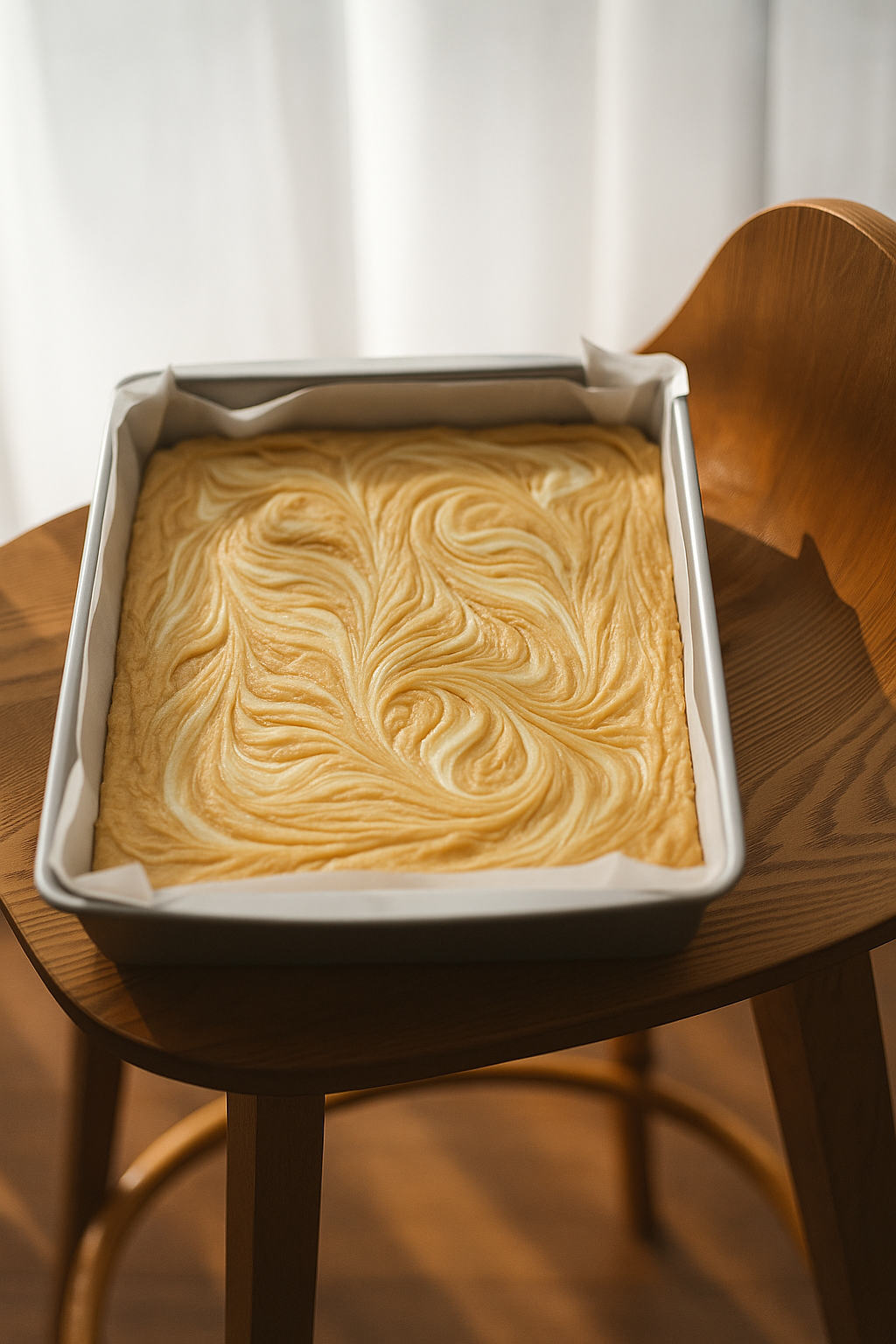 A tray of latte-flavoured fudge with a creamy beige swirl pattern, resting on a wooden chair in soft natural light.