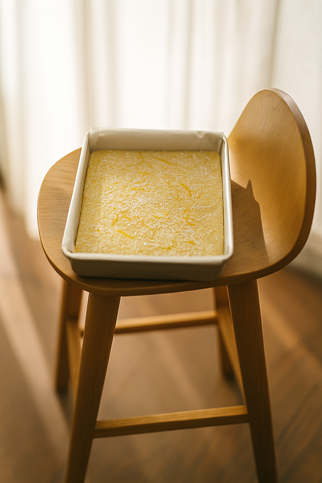 Tray of pale yellow Piña Colada fudge sprinkled with fine coconut flakes, sitting on a wooden chair in soft natural light.