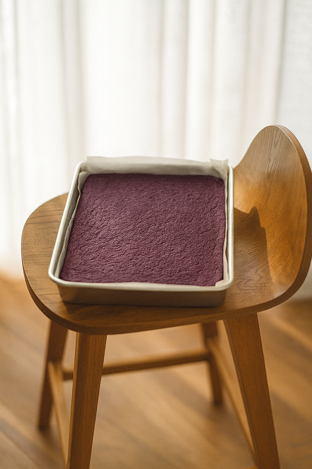 Raspberry Pinot & Cabernet fudge slab in a baking tray lined with parchment, featuring a deep berry-pink diamond-patterned top, sitting on a wooden chair in soft natural light.