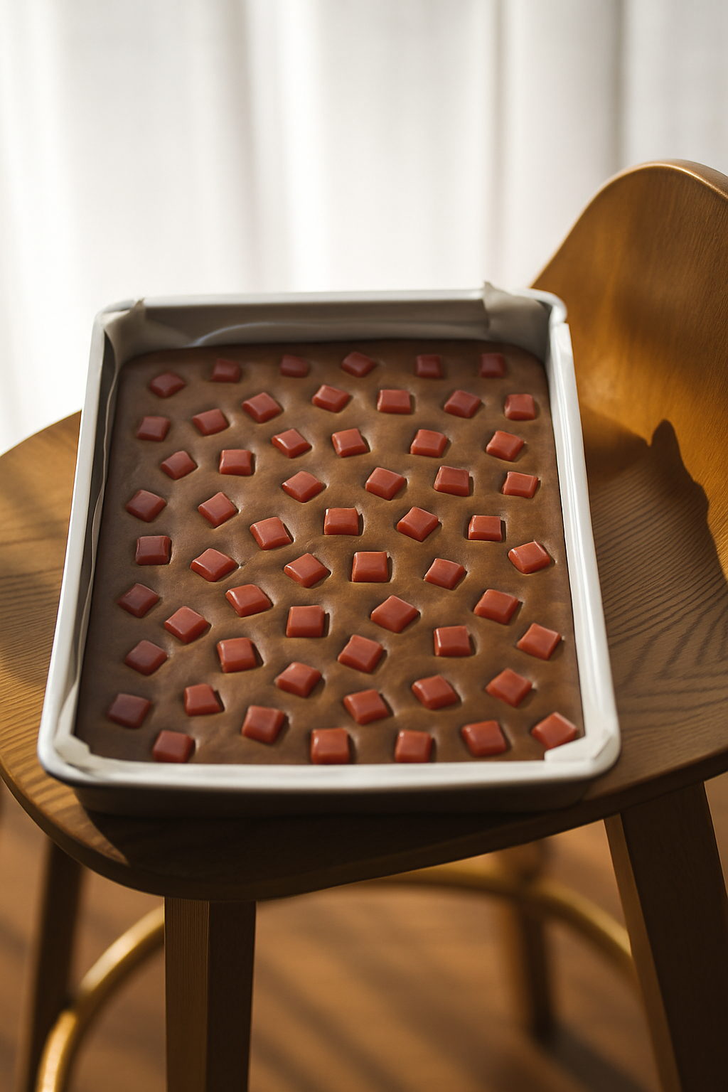 Tray of brown fudge topped with evenly spaced pink Turkish delight pieces.
