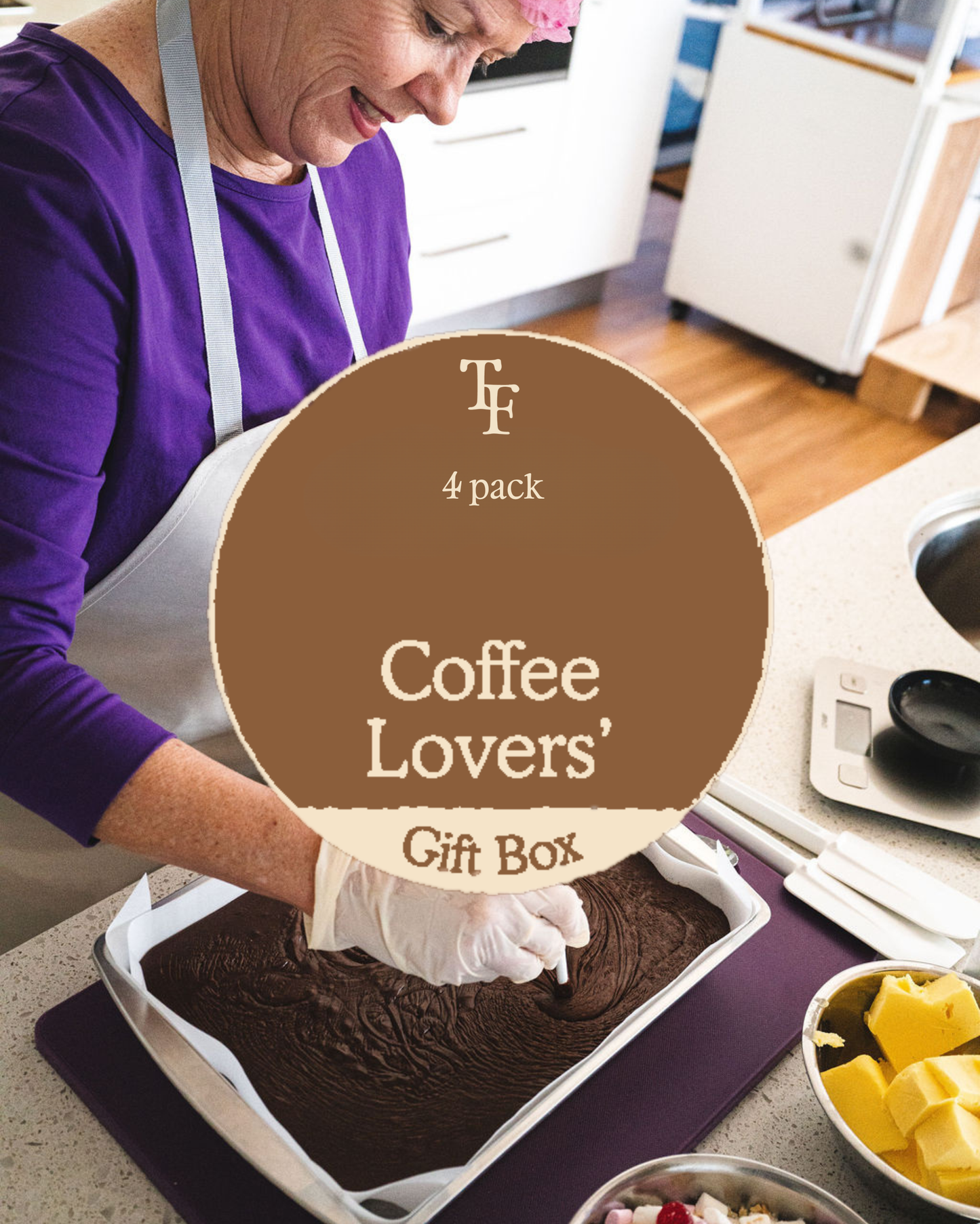 A person hand-stirring chocolate fudge in a tray, with a Tamar Fudge Coffee Lovers’ 4-pack gift box label overlaying the image.