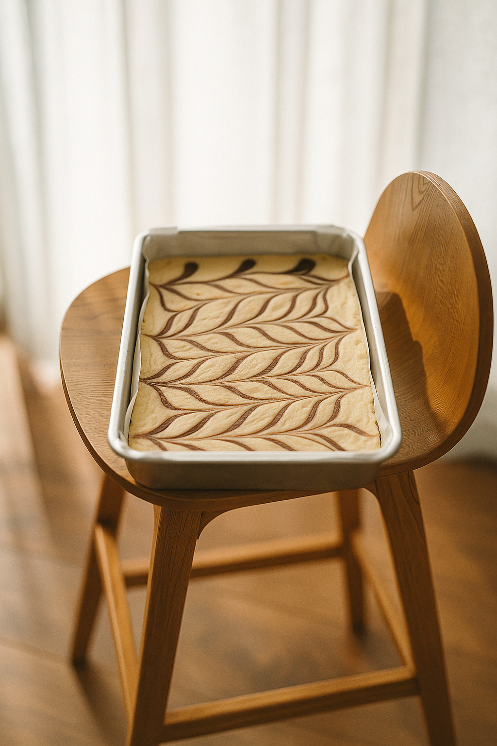 Tray of Baileys Irish Cream fudge with a decorative cocoa swirl pattern, resting on a wooden chair in soft natural light.
