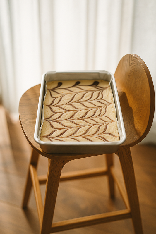 Tray of Baileys Irish Cream fudge with a decorative cocoa swirl pattern, resting on a wooden chair in soft natural light.