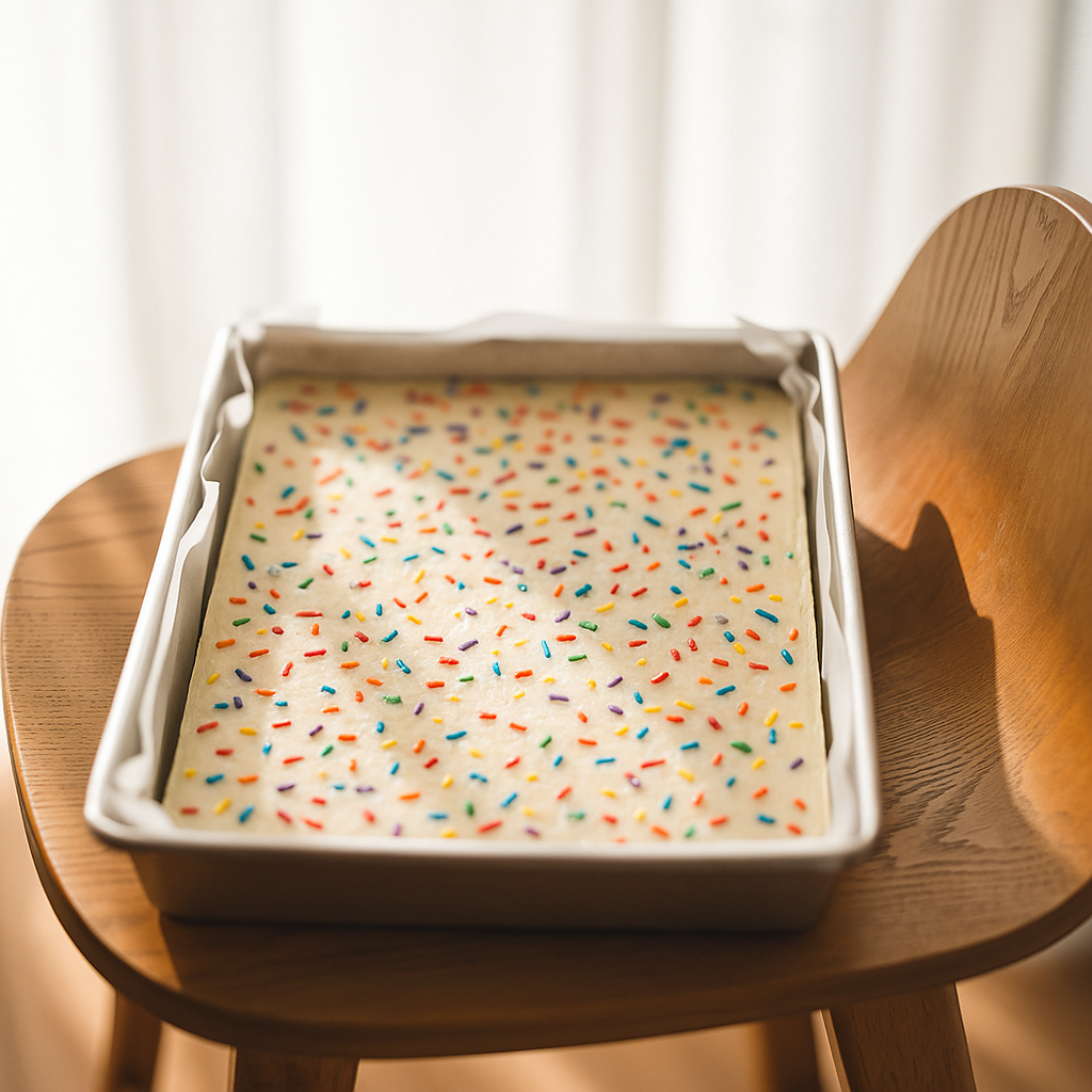 Tray of white fudge topped with rainbow sprinkles on a wooden chair.