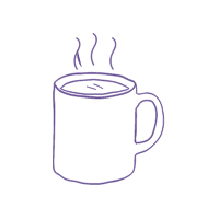 Simple purple line drawing of a steaming coffee mug.
