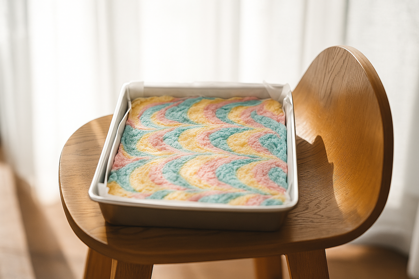 Pastel rainbow swirl fudge slab in a tray on a wooden chair.