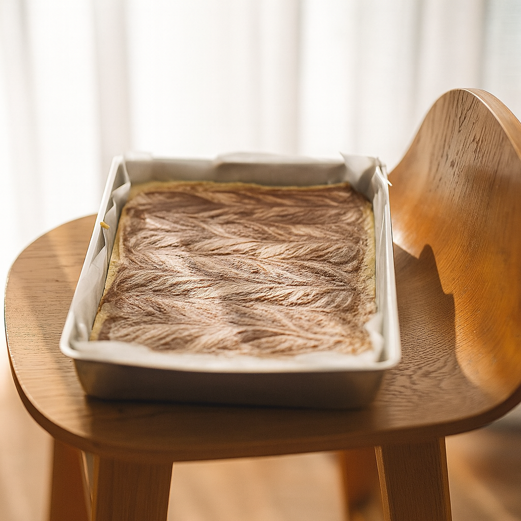 Tray of butterscotch fudge with a light brown swirl pattern, resting on a wooden chair.