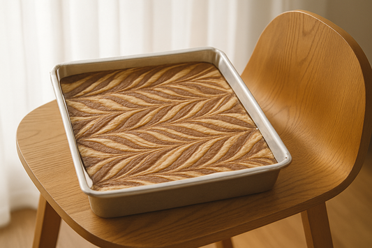 Tray of butterscotch café fudge with a detailed marbled swirl pattern, resting on a wooden chair in soft natural light.