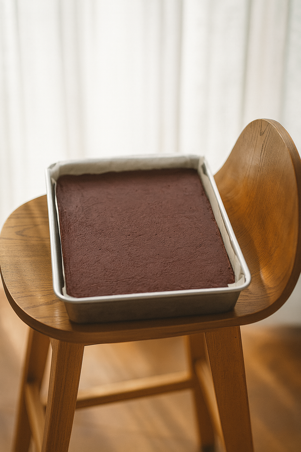 Tray of smooth dark red fudge resting on a wooden chair.