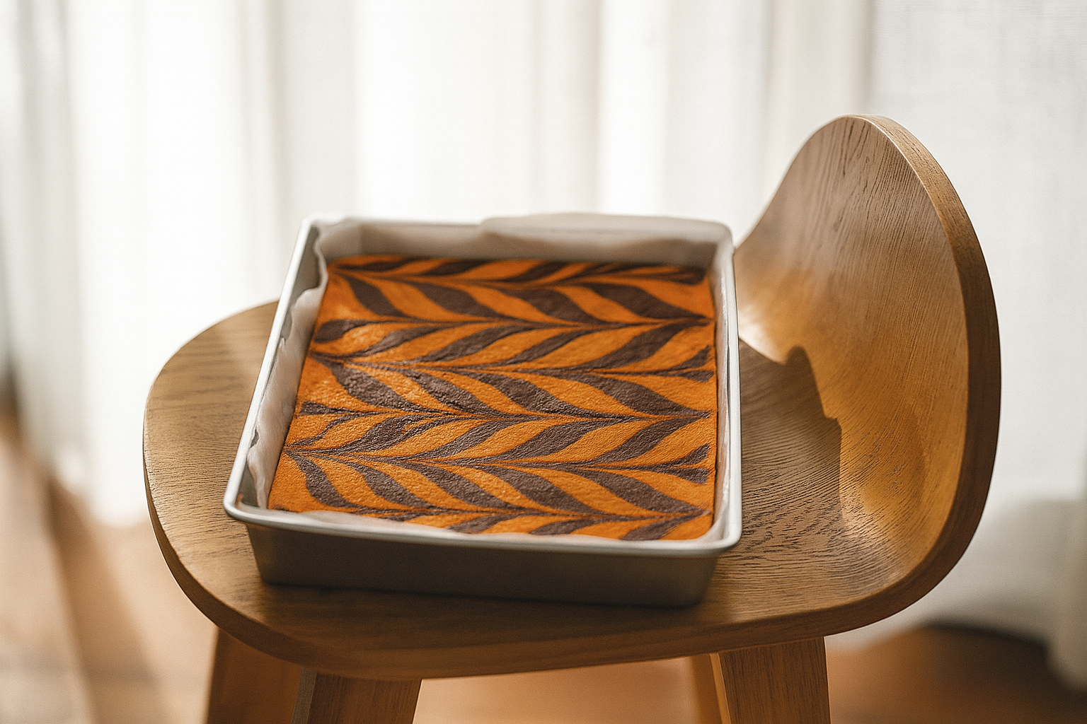 Tray of orange and dark chocolate swirled fudge in a baking pan, featuring a bold leaf-pattern design, resting on a wooden chair in soft natural light.