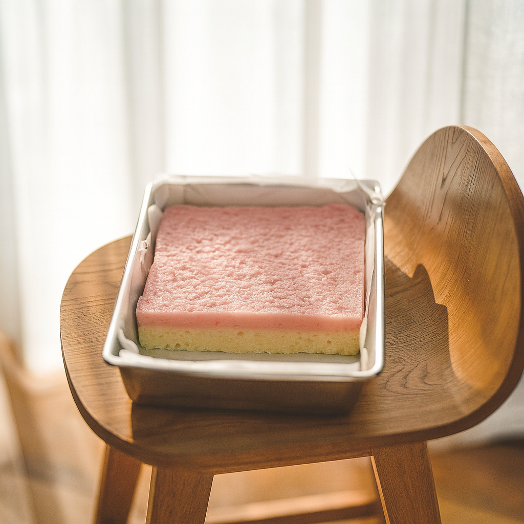 Tray of two-layer coconut ice fudge, pink on top and white underneath, sitting on a wooden chair in soft sunlight.