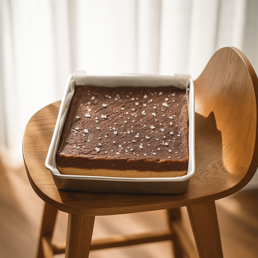 Square tray of layered butterscotch fudge topped with flaky sea salt, resting on a wooden chair in soft natural light.