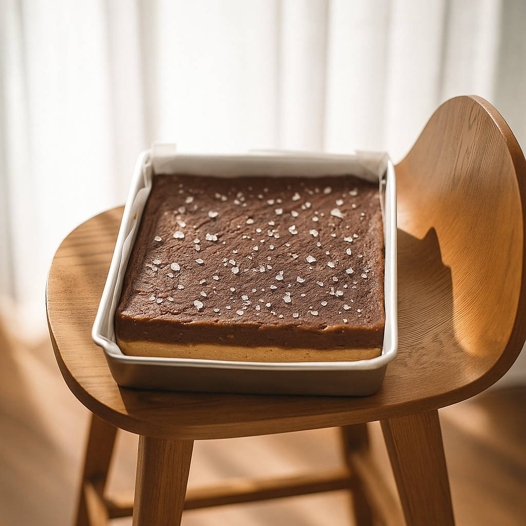 Square tray of layered butterscotch fudge topped with flaky sea salt, resting on a wooden chair in soft natural light.