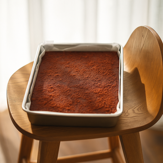 Tray of cocoa-dusted chocolate fudge resting on a wooden chair in soft natural light.