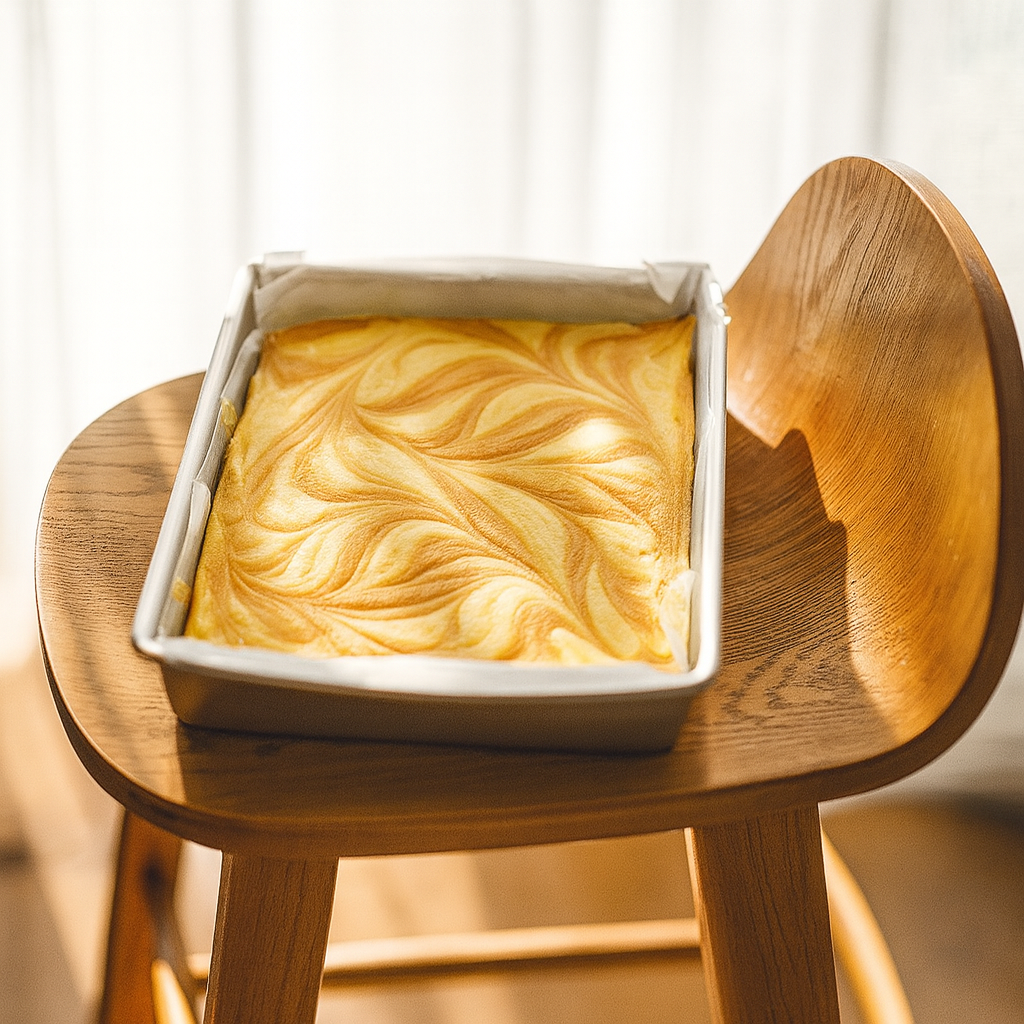 Tray of dulce de leche fudge with a marbled golden swirl pattern, resting on a wooden chair in natural sunlight.”