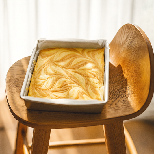 Tray of dulce de leche fudge with a marbled golden swirl pattern, resting on a wooden chair in natural sunlight.”