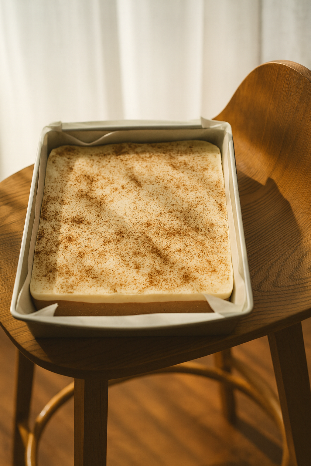 Tray of espresso martini–flavoured fudge with a creamy top and light dusting of cocoa, set on a wooden chair in soft natural light.