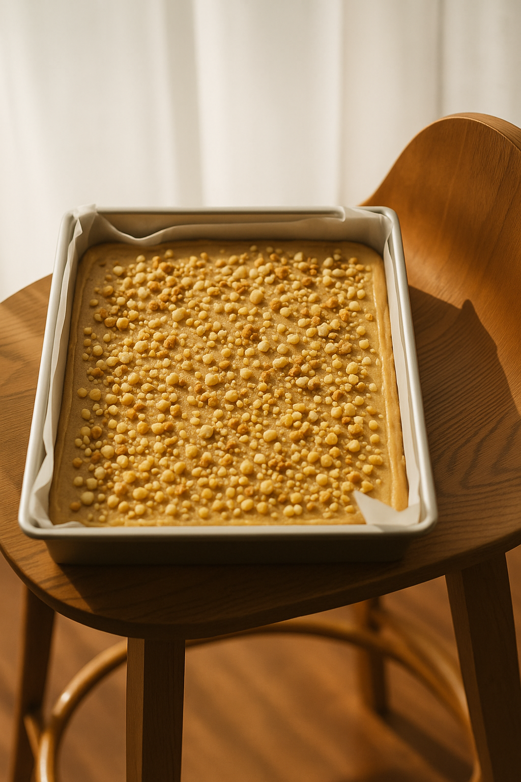 Tray of hazelnut coffee cream fudge topped with crunchy hazelnut pieces, sitting on a wooden chair in soft natural light.
