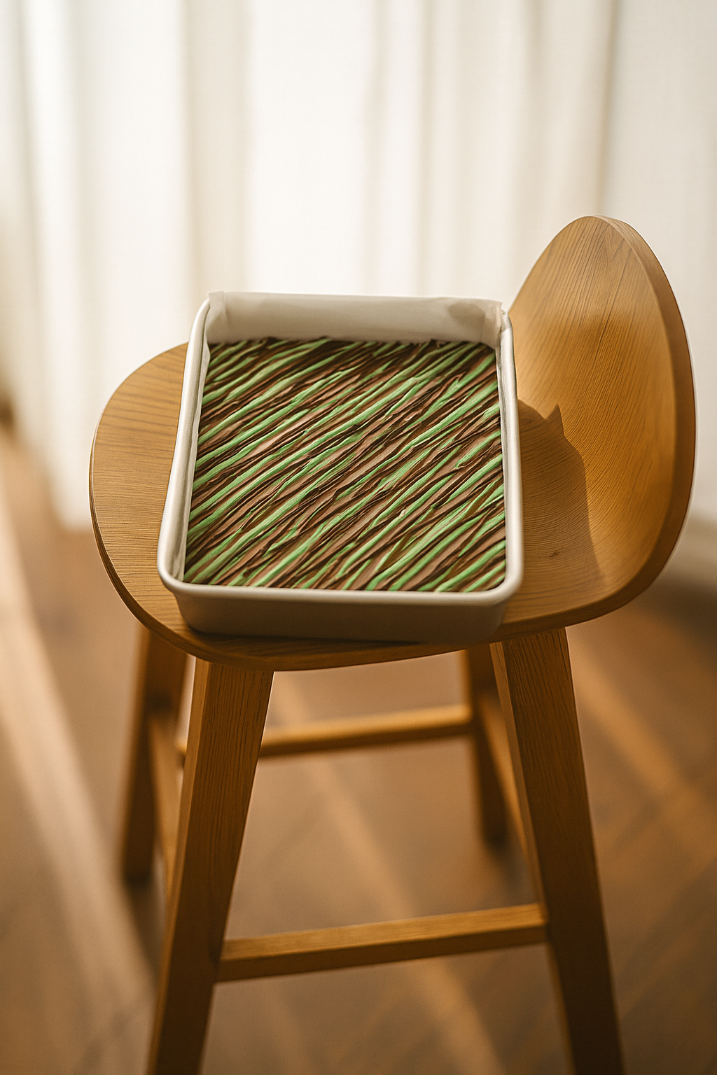 Tray of chocolate fudge with diagonal green mint-coloured swirls, resting on a wooden chair in soft natural light.