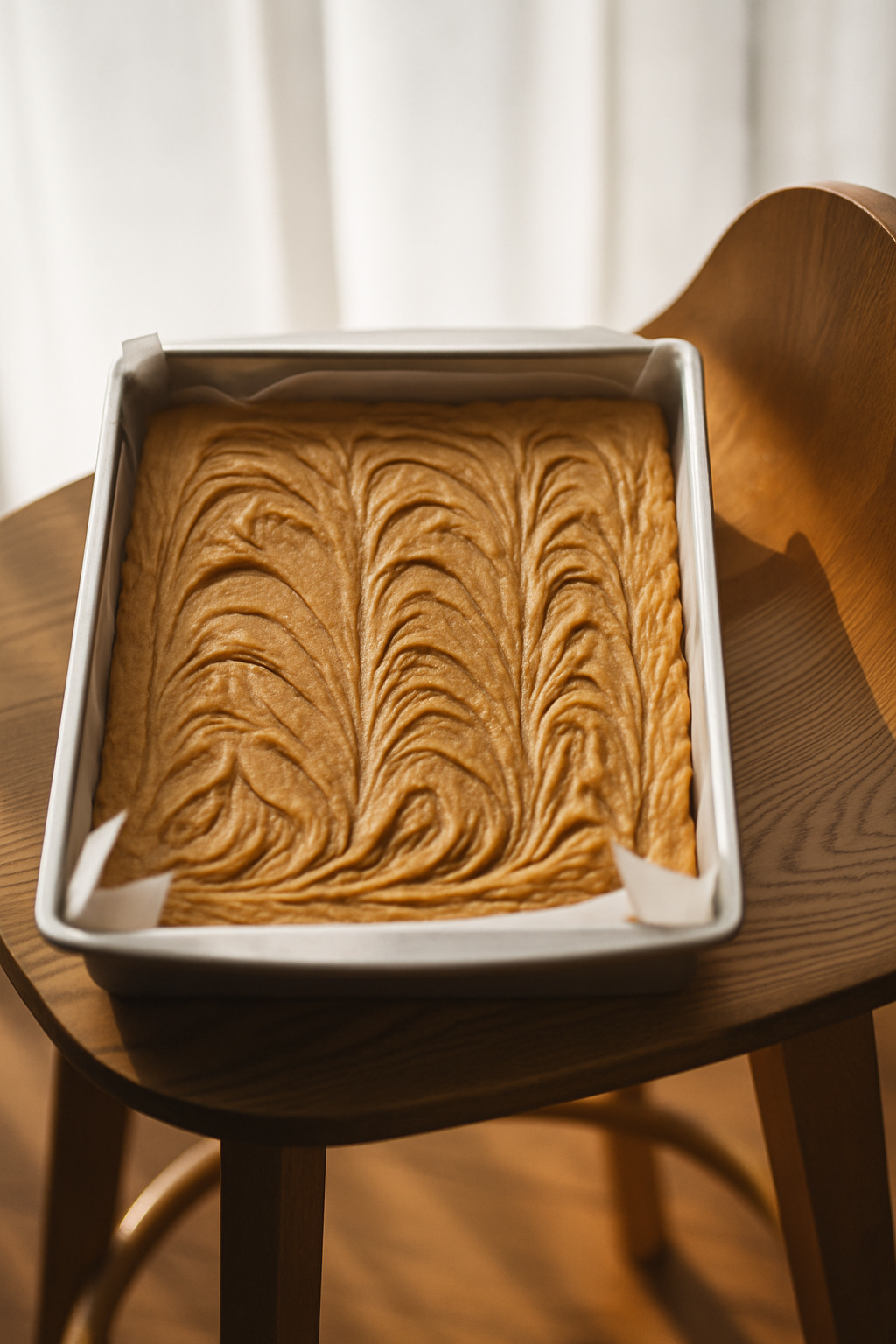 Tray of Irish Coffee fudge with a smooth, tan swirl pattern, resting on a wooden chair in soft natural light.