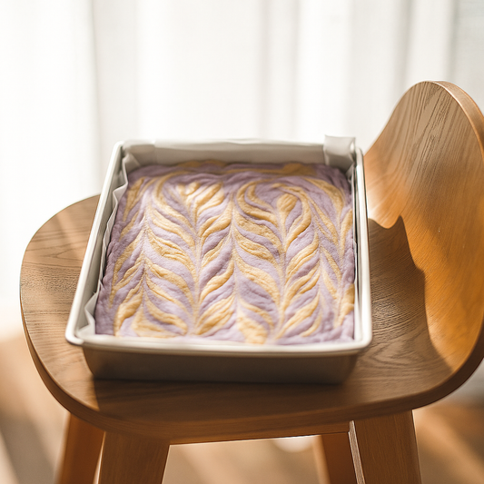 Lavender and toffee swirl fudge slab in a lined tray, resting on a wooden chair in soft natural light.