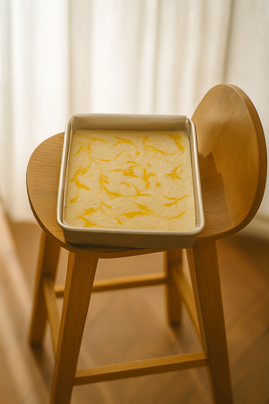 Limoncello fudge slab in a baking tray, featuring a pale yellow base with vibrant lemon swirls, displayed on a wooden chair in soft natural light.