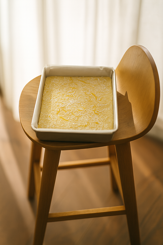 Tray of pale yellow Piña Colada fudge sprinkled with fine coconut flakes, sitting on a wooden chair in soft natural light.