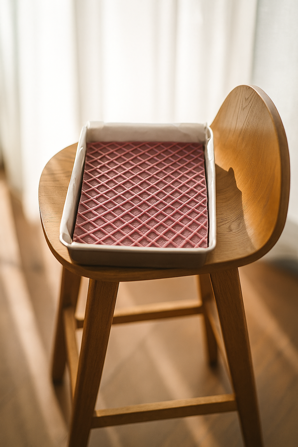 Raspberry Pinot & Cabernet fudge slab in a baking tray lined with parchment, featuring a deep berry-pink diamond-patterned top, sitting on a wooden chair in soft natural light.