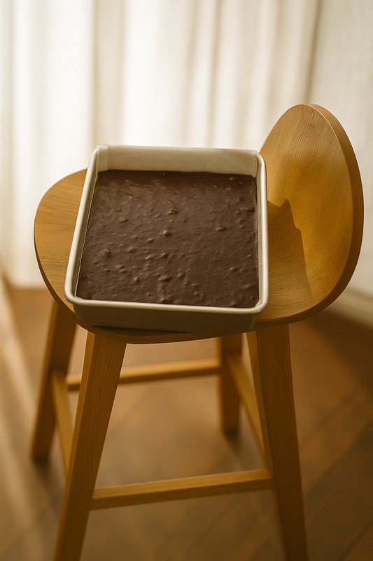 Baking tray filled with smooth, dark chocolate rum and raisin fudge resting on a wooden chair, lit by soft natural light.