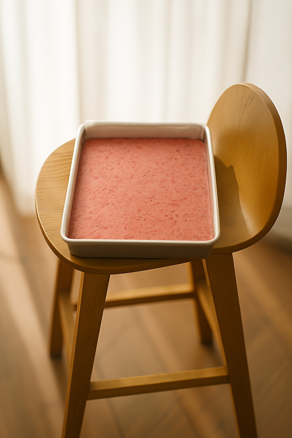 Tray of pink Strawberry Margarita fudge resting on a wooden chair, with soft natural light highlighting the smooth, speckled surface.