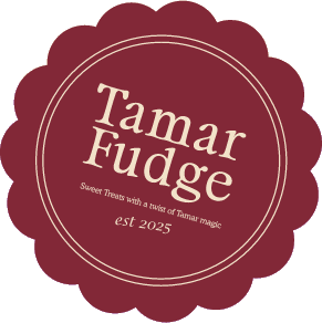 Circular maroon Tamar Fudge badge with cream-colored text reading ‘Tamar Fudge – Sweet Treats with a twist of Tamar magic – est 2025.